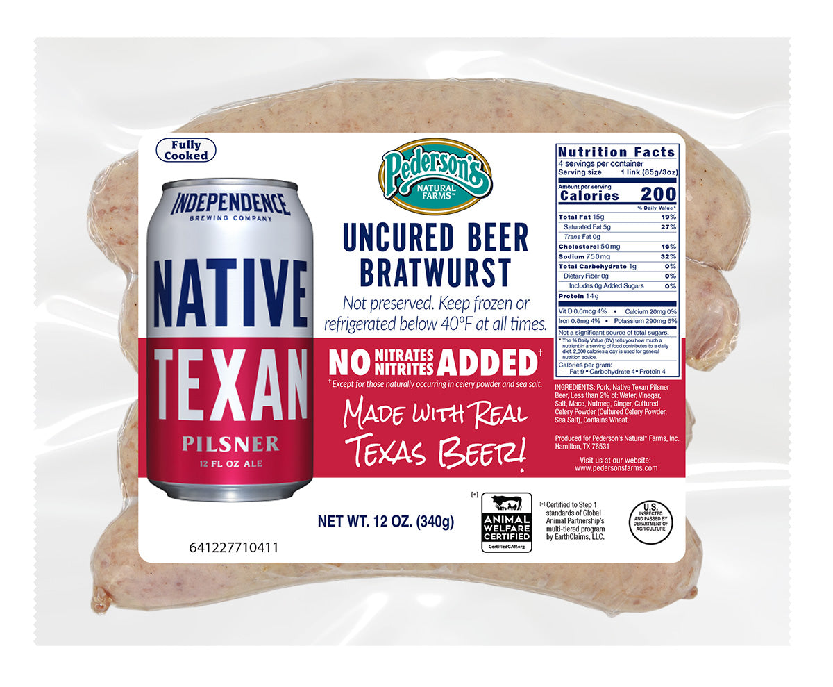 A package of Pederson's Natural Farms Uncured Beer Bratwurst.