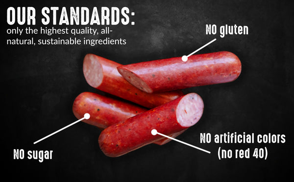 2 mild pickled sausage links are shown cut in half against a black background. The text around it says 