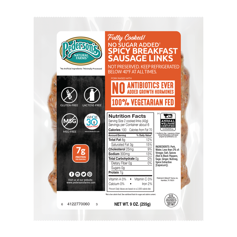 One package of No Sugar Added Fully Cooked Spicy Breakfast Sausage Links