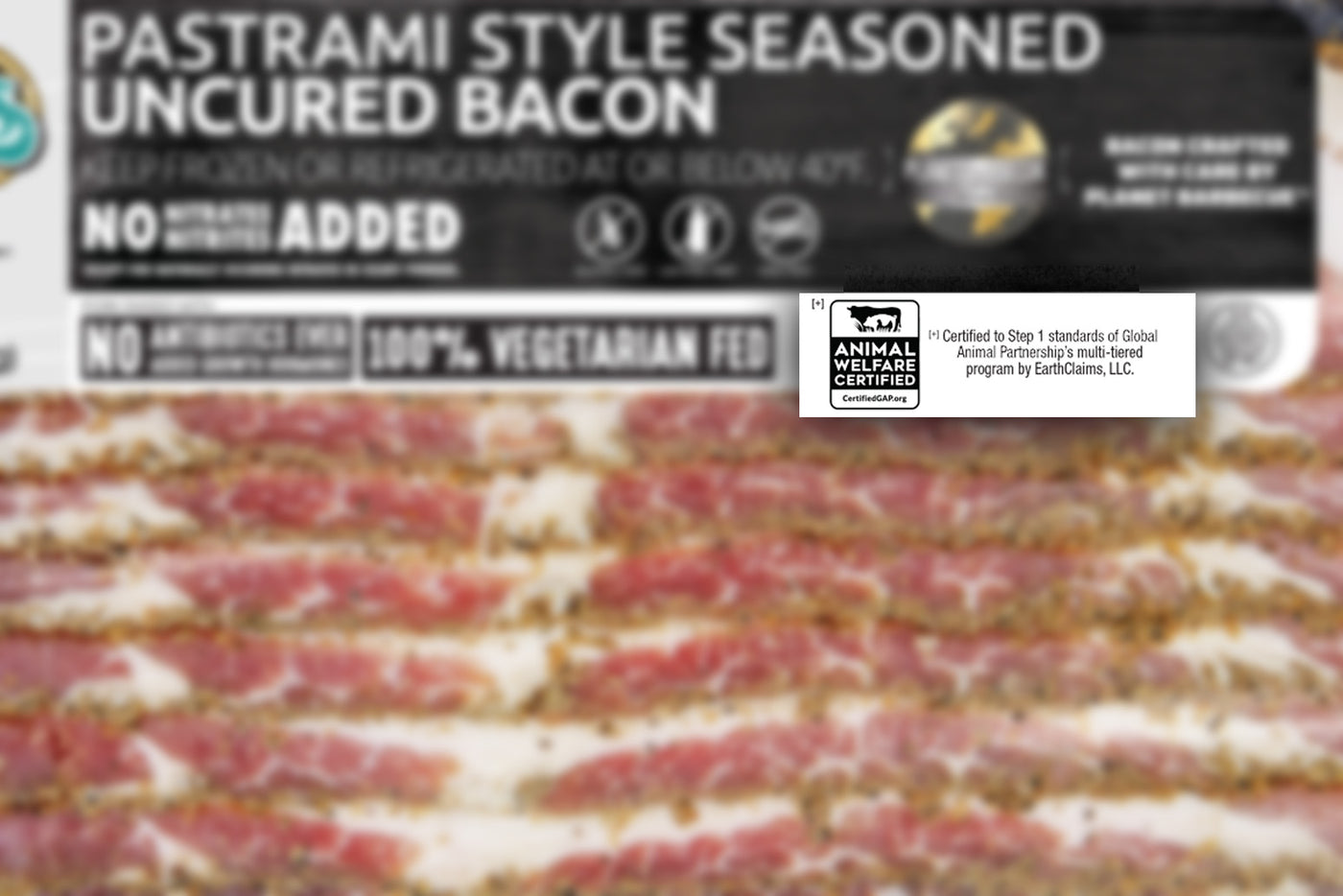 A closeup of a package of Pederson's Farms Bacon. The GAP Animal Welfare Certification logo is enlarged and featured while the rest of the package is blurred.