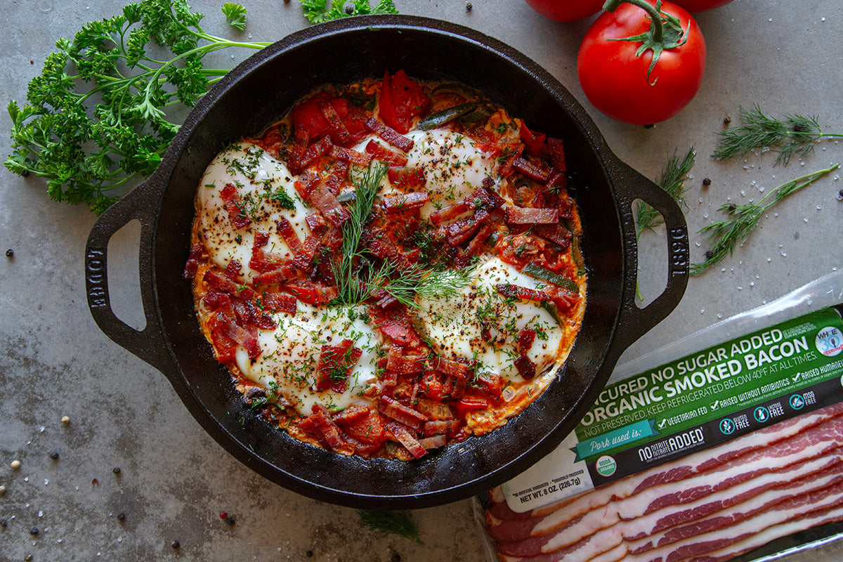 Baked Eggs With Tomato And Bacon Skillet