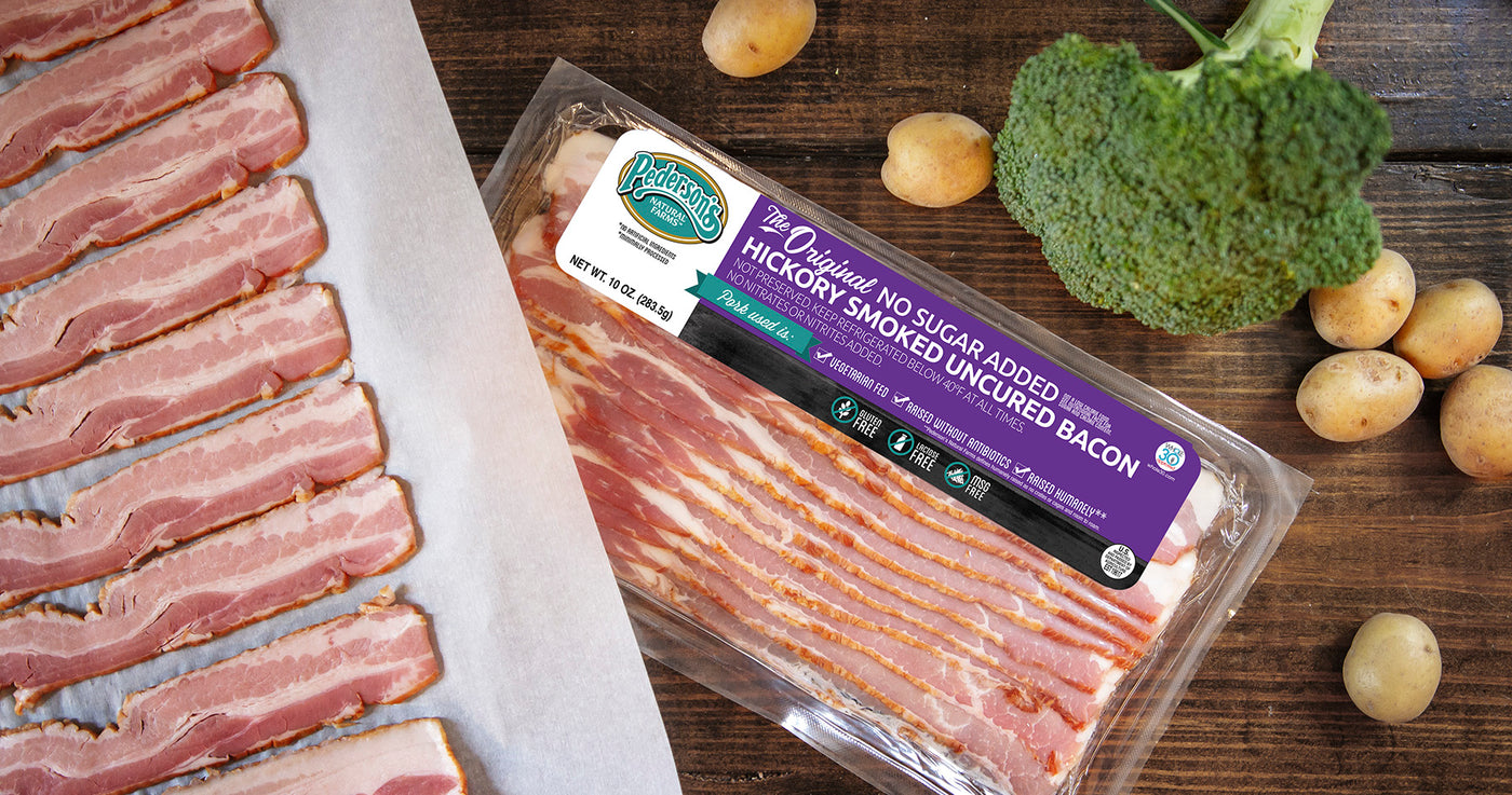 Does Bacon Have Sugar? Pederson's Farms offers a wide variety of sugar-free bacons like this No Sugar Hickory Smoked Bacon.