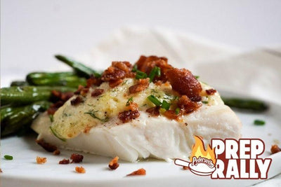 Creamy Bacon Halibut with Bacon Roasted Green Beans