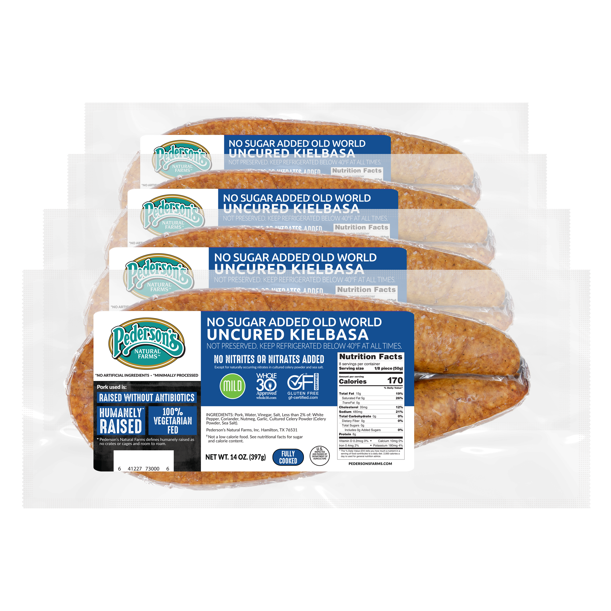 Four packages of Pederson's No Sugar Added Old World Uncured Kielbasa sausages arranged in a cascade with transparant background.