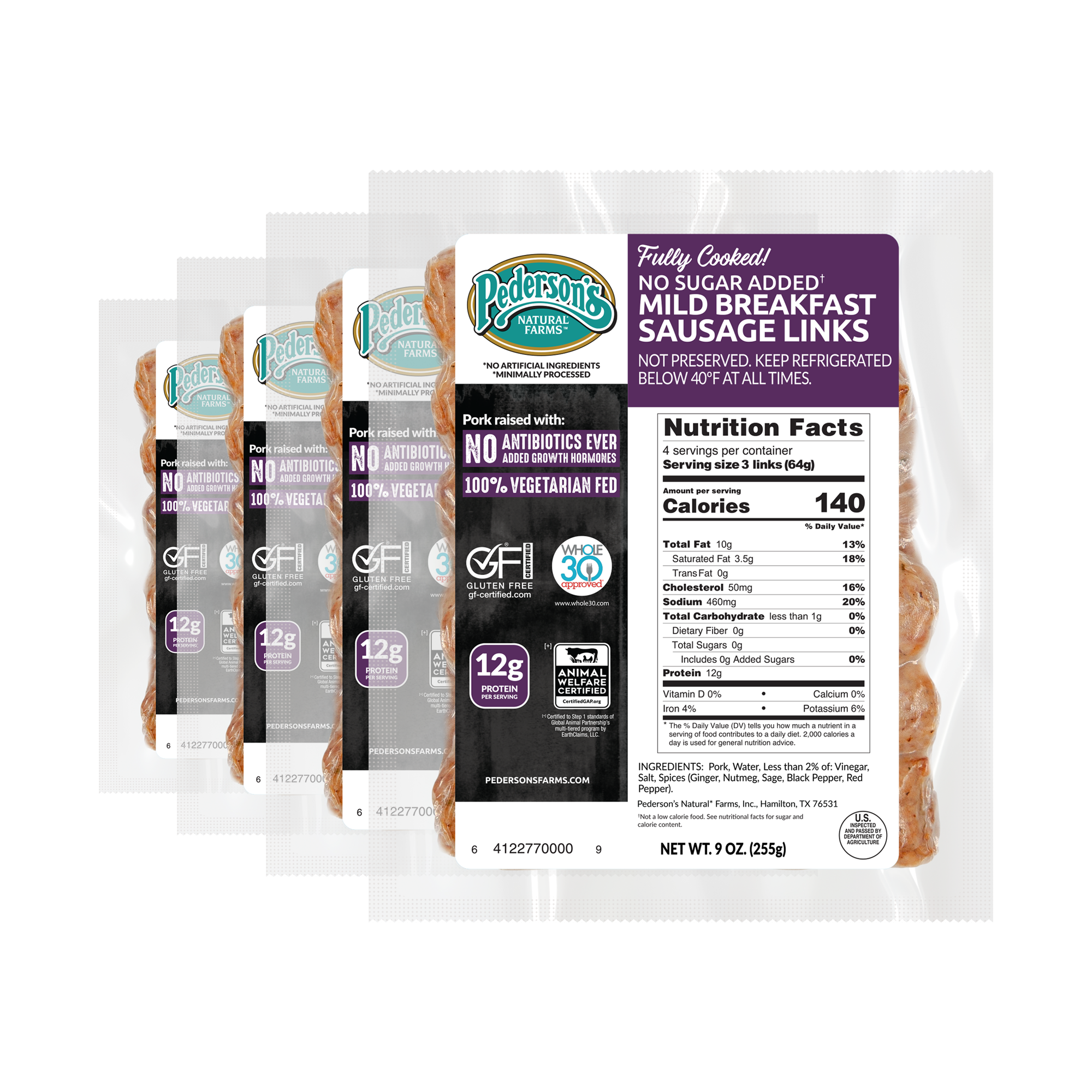 Four packages of Pederson's Mild Breakfast Sausage Links arranged in a fan shape on a transparant background, showing the front labels.
