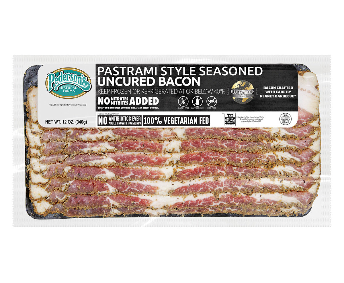 A package of Pederson's Farms Pastrami Style Seasoned Uncured Bacon