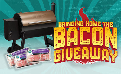 Graphic displaying a Traeger Grill and 3 packages of bacon. The title says Bringing Home The Bacon Giveaway.