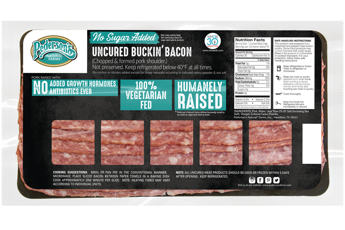 Uncured Buckin' Bacon package image featuring the bacon in the package and a black, teal, and white label 