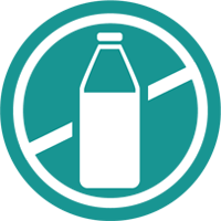 Turquoise icon with white milk jug and a line slashed through it reflecting this product is Lactose Free
