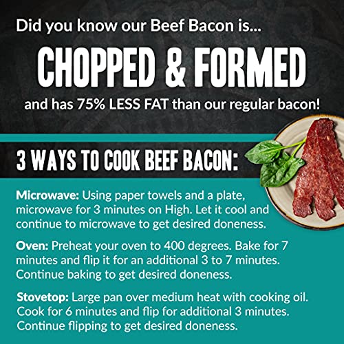 Did you know our beef bacon is... chopped and formed info sheet in black and teal with beef bacon on white ceramic plate with spinach garnish image