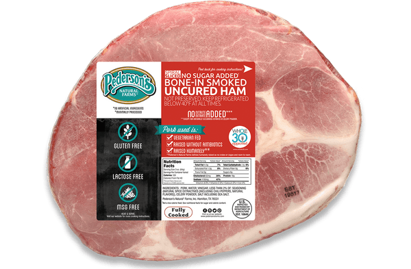 Bone in ham in package image with ham inside and red/black/white label
