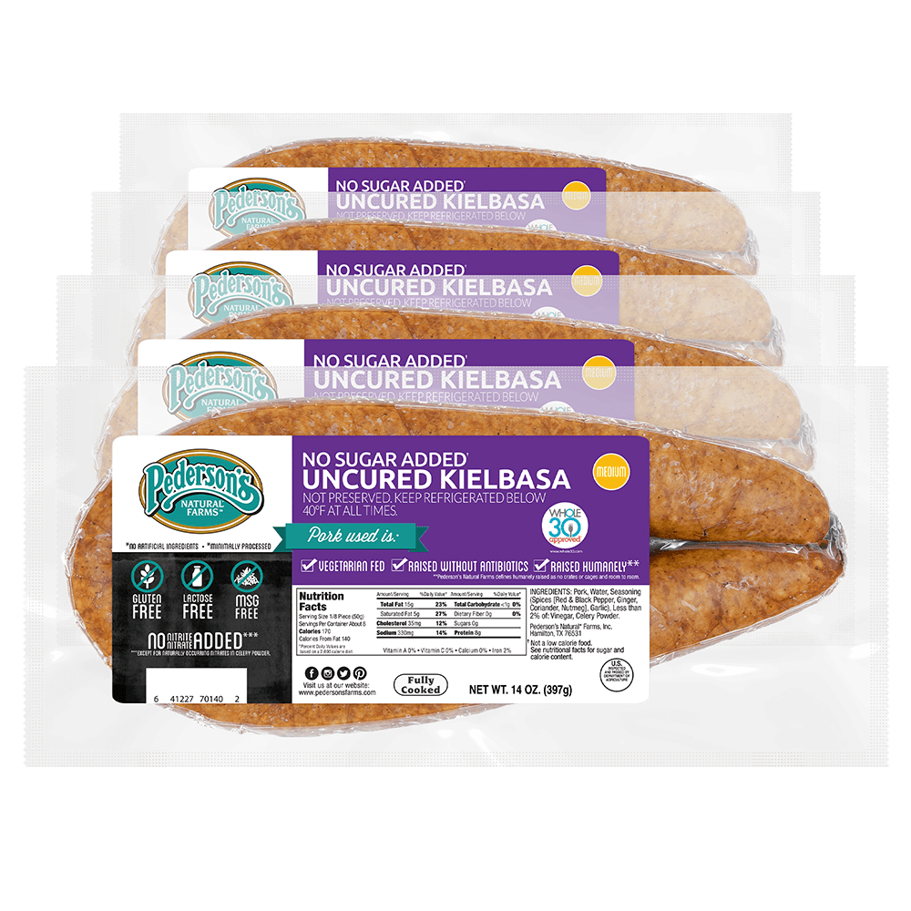 No Sugar Added Kielbasa infinity package image with sausage inside and purple/white/black label